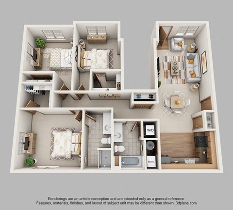 Floor plan for 3 beds, 2 baths, 1375 sqft